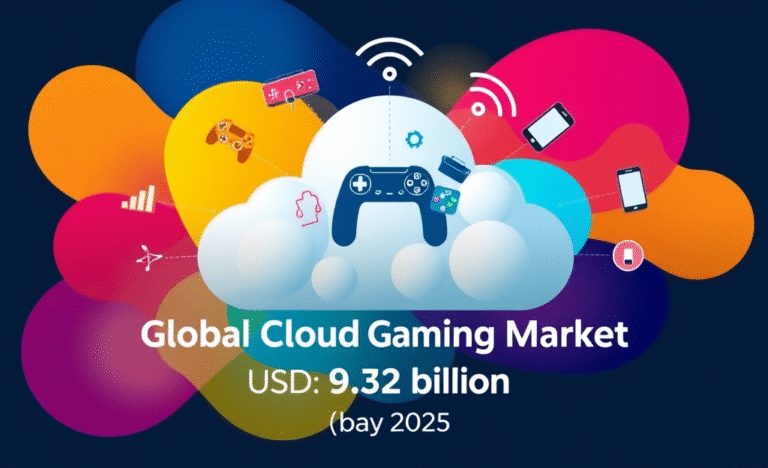 An infographic illustrating the projected growth of the global cloud gaming market fueled by 5G technology and smartphone proliferation.