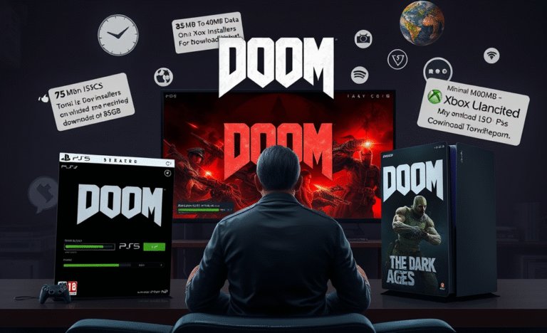 Doom The Dark Ages game cover showcasing PS5 and Xbox Series X logos amidst discussions of minimal disc installers.