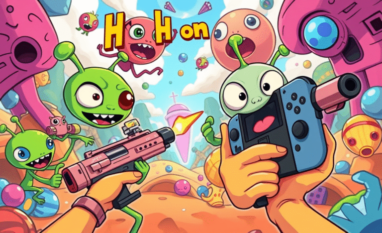A vibrant screenshot from High on Life showcasing its cartoony graphics and Joy-Con gameplay.